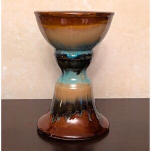 Drip Glaze Art Pottery Taper Candle Holder Brown Blue Black Glossy 8 in